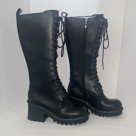 NWOB- Dolls Kill Current Mood Black Lace-Up Knee-High Boots - Picture 3 of 7